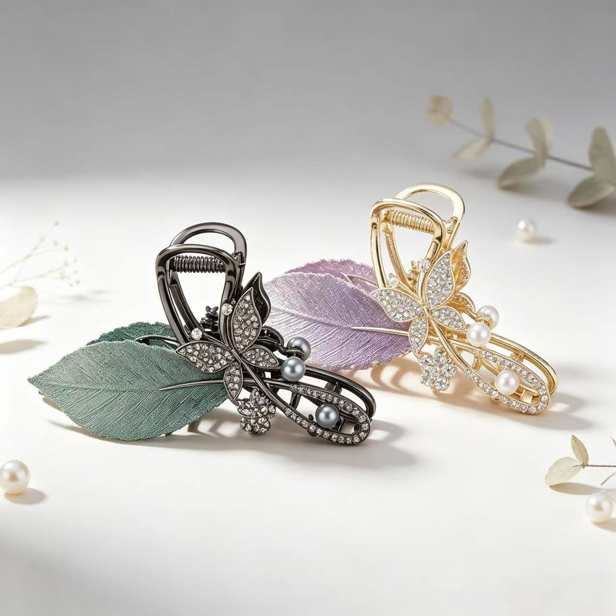 Butterfly and leaf claw clips in Lavender Champagne and Forest Gunmetal