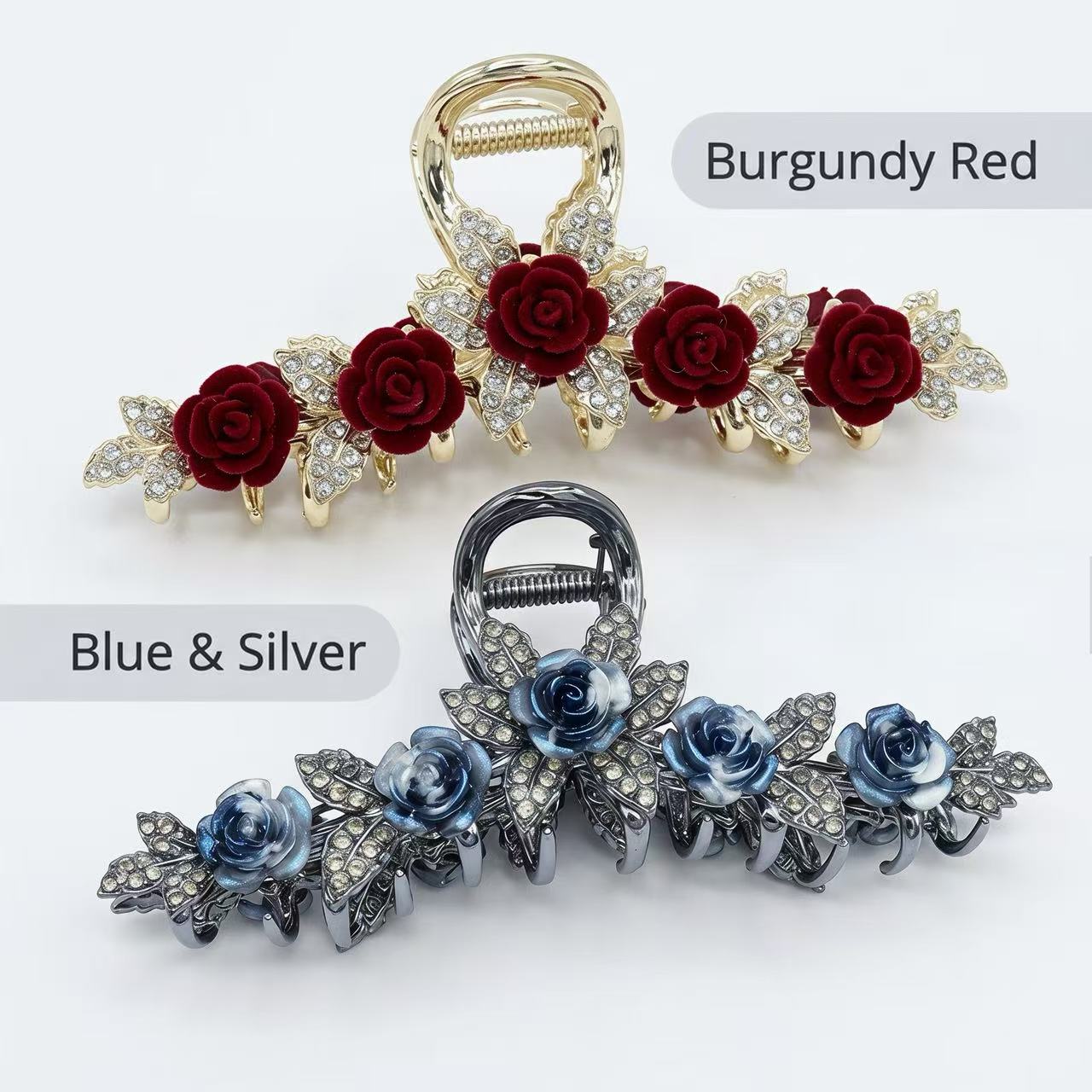 Burgundy red and smoky blue rose claw clips shown together for color comparison