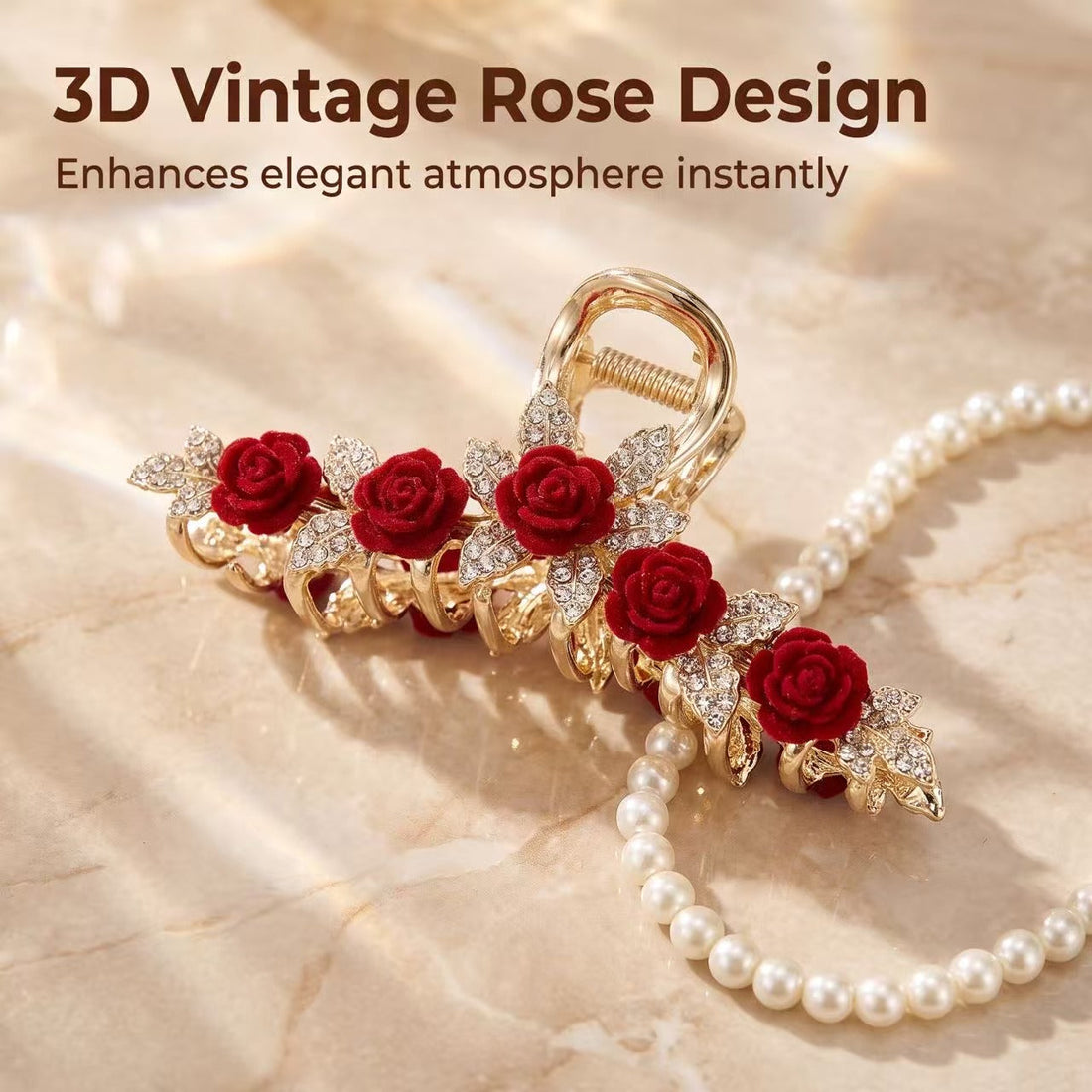 Burgundy red rose hair claw clip with five flocked roses, rhinestone leaves, and a gold-tone metal frame