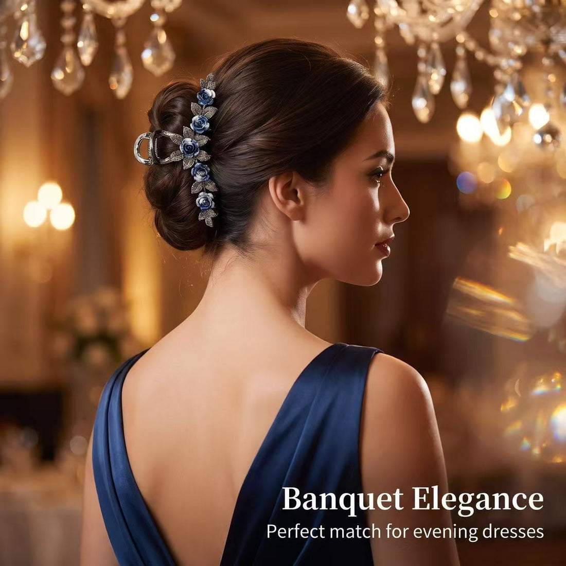 Smoky blue rose hair claw clip worn in an evening updo