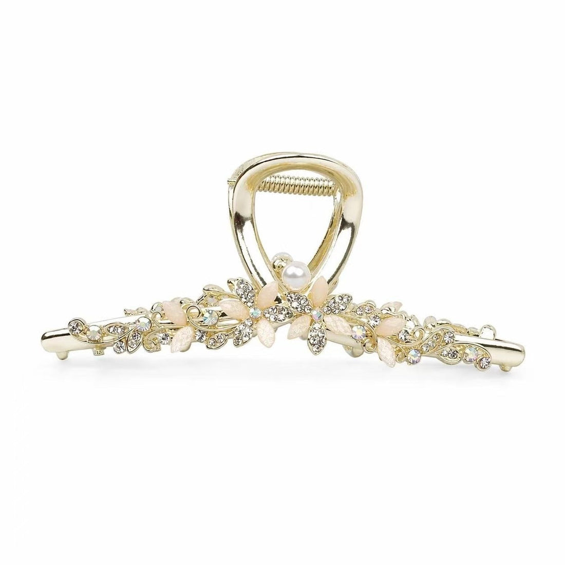 Pearl floral hair claw clip with pale opal-white petal accents, rhinestones, and a gold-tone frame