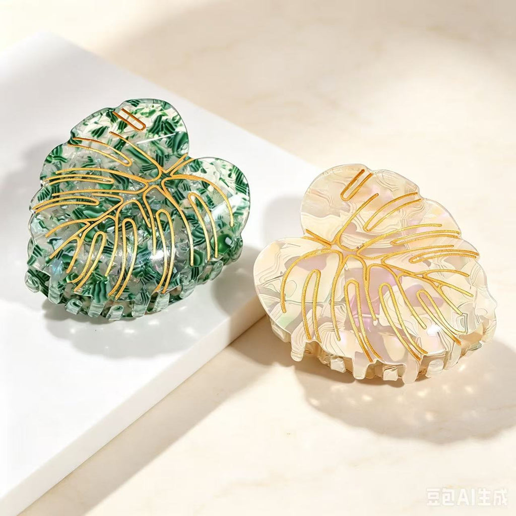 Monstera Leaf Gilded Hair Claw Clip - Aesthetic Tropical Palm Leaf Hair Jaw Clip for Women