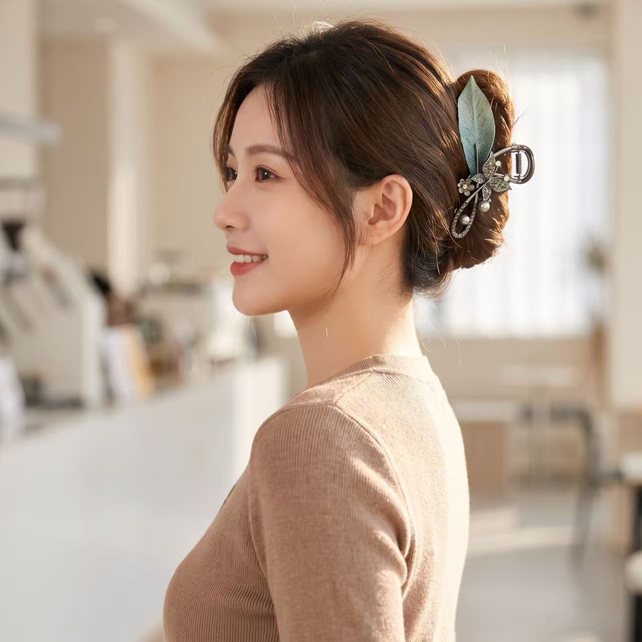 Enchanted Butterfly & Leaf Crystal Hair Claw Clip