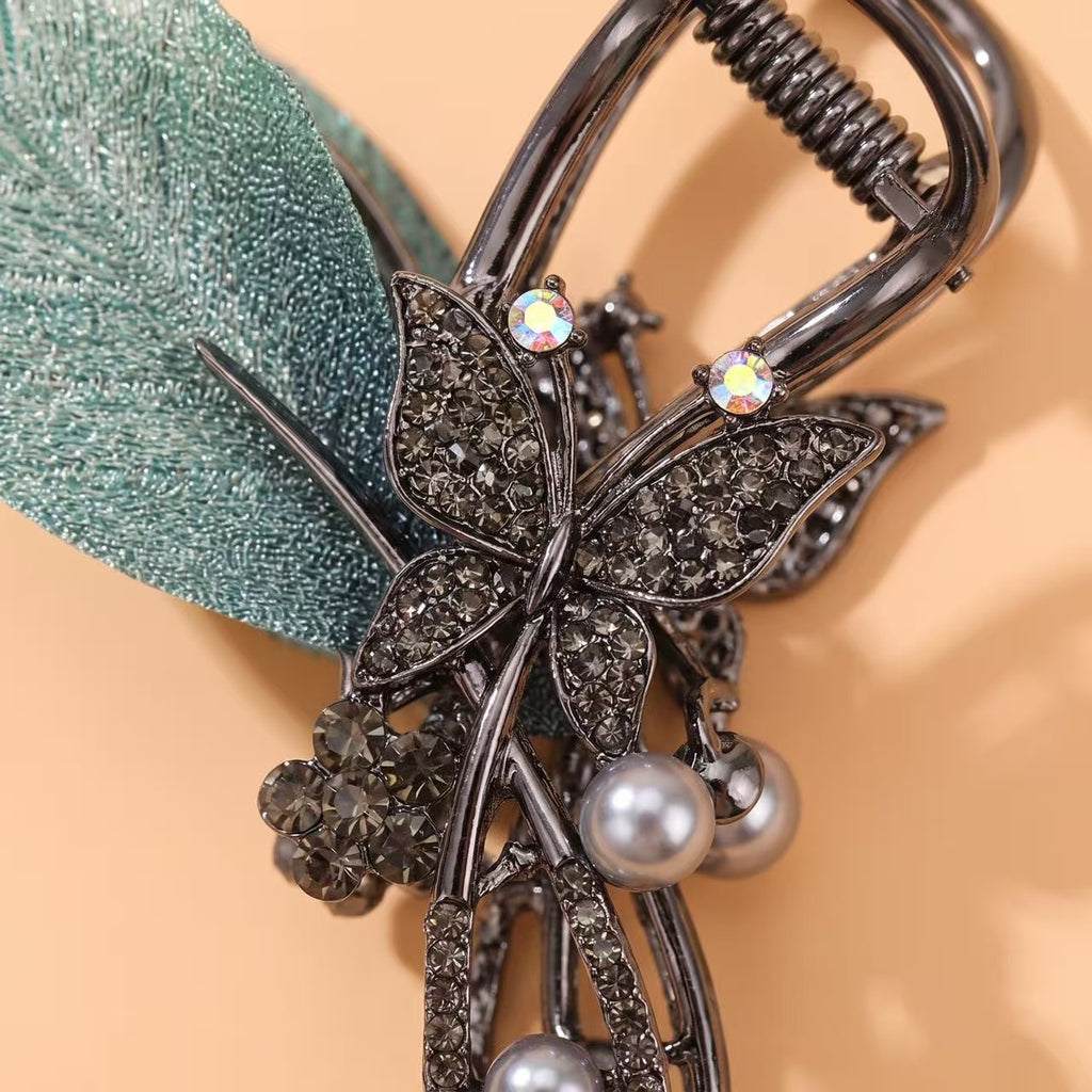 Enchanted Butterfly & Leaf Crystal Hair Claw Clip
