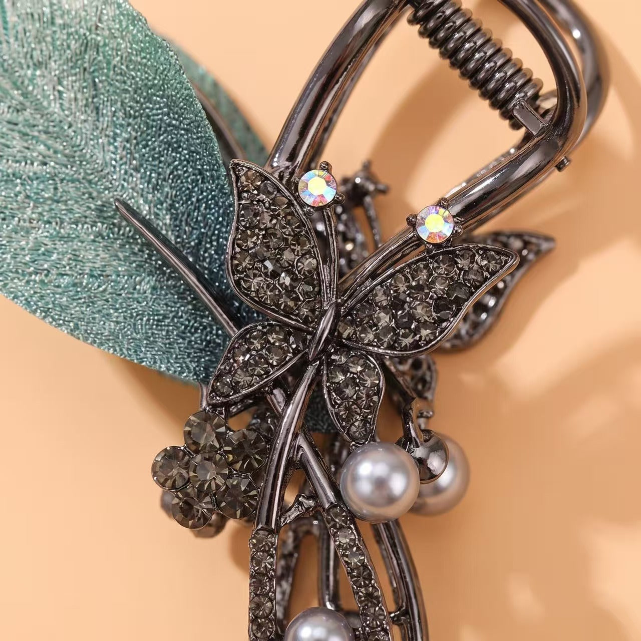 Enchanted Butterfly & Leaf Crystal Hair Claw Clip