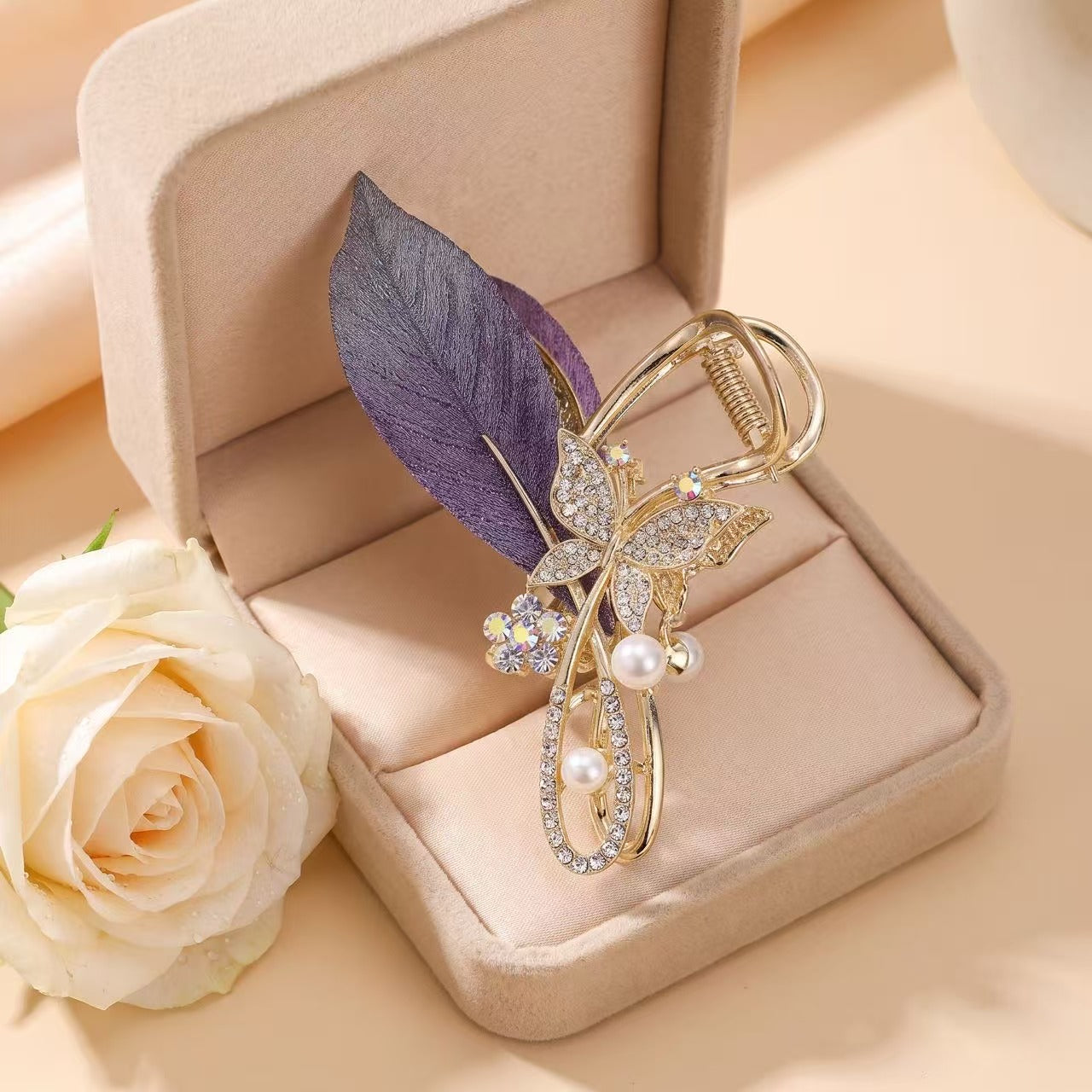 Enchanted Butterfly & Leaf Crystal Hair Claw Clip
