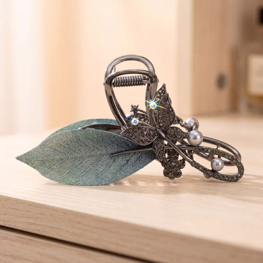 Enchanted Butterfly & Leaf Crystal Hair Claw Clip