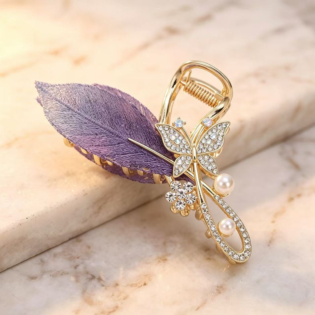 Enchanted Butterfly & Leaf Crystal Hair Claw Clip