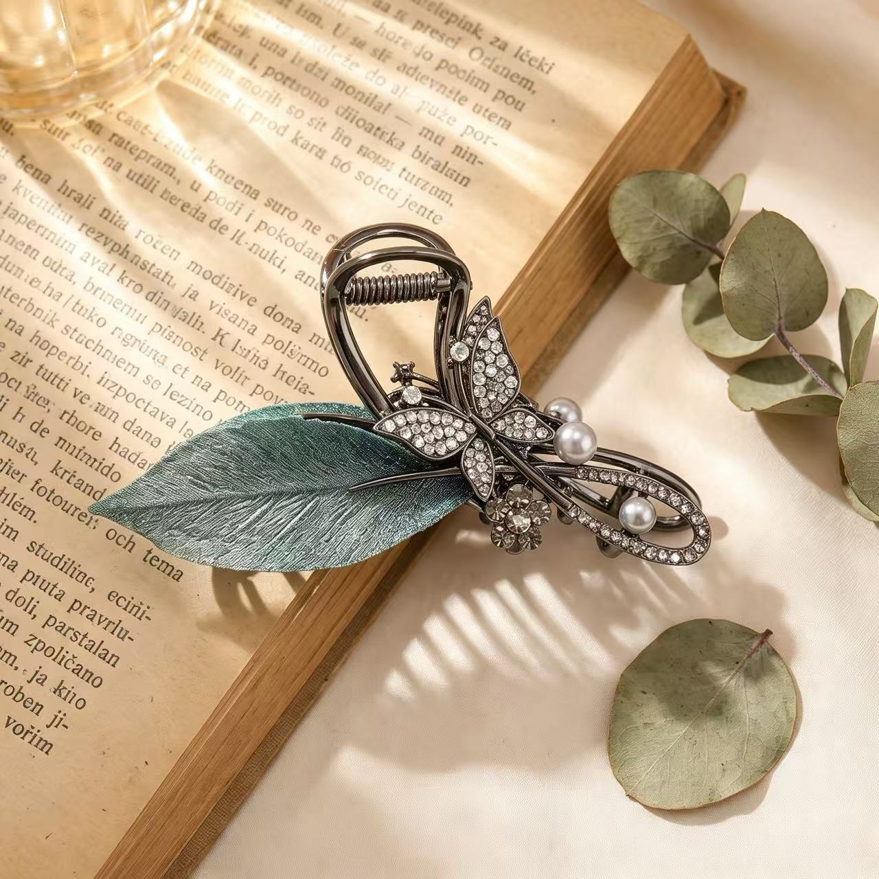 Enchanted Butterfly & Leaf Crystal Hair Claw Clip