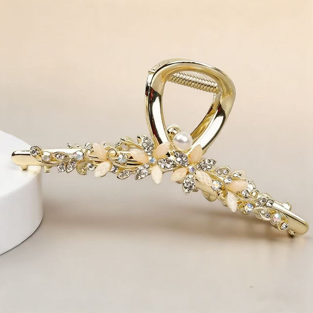 Vintage Pearl Floral Hair Claw Clip – Sparkling Rhinestone & Blossom Metal Hair Catch for Women⁠
