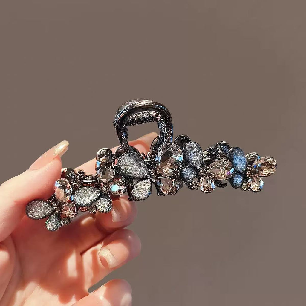 Vintage Dark Rhinestone Fabric Butterfly Hair Claw Clip