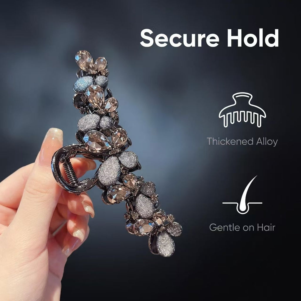 Vintage Dark Rhinestone Fabric Butterfly Hair Claw Clip