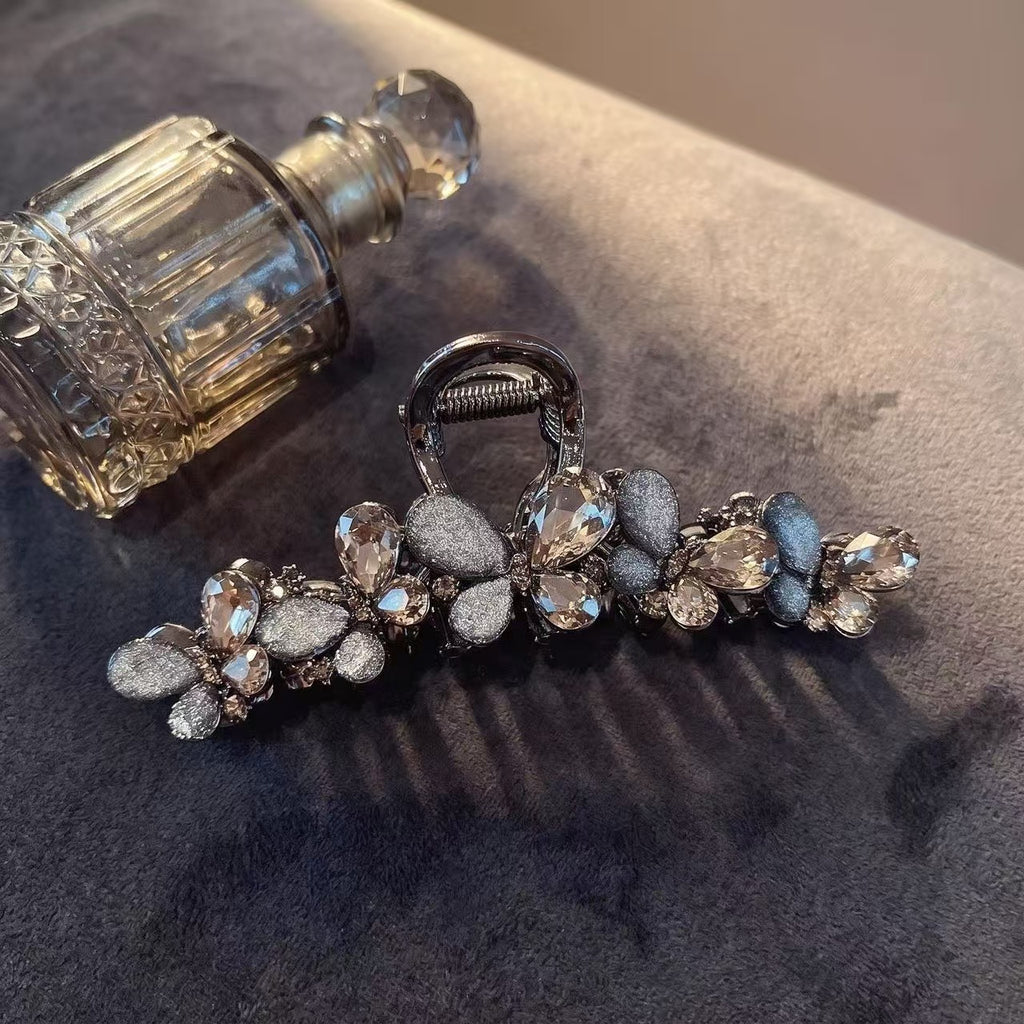 Vintage Dark Rhinestone Fabric Butterfly Hair Claw Clip