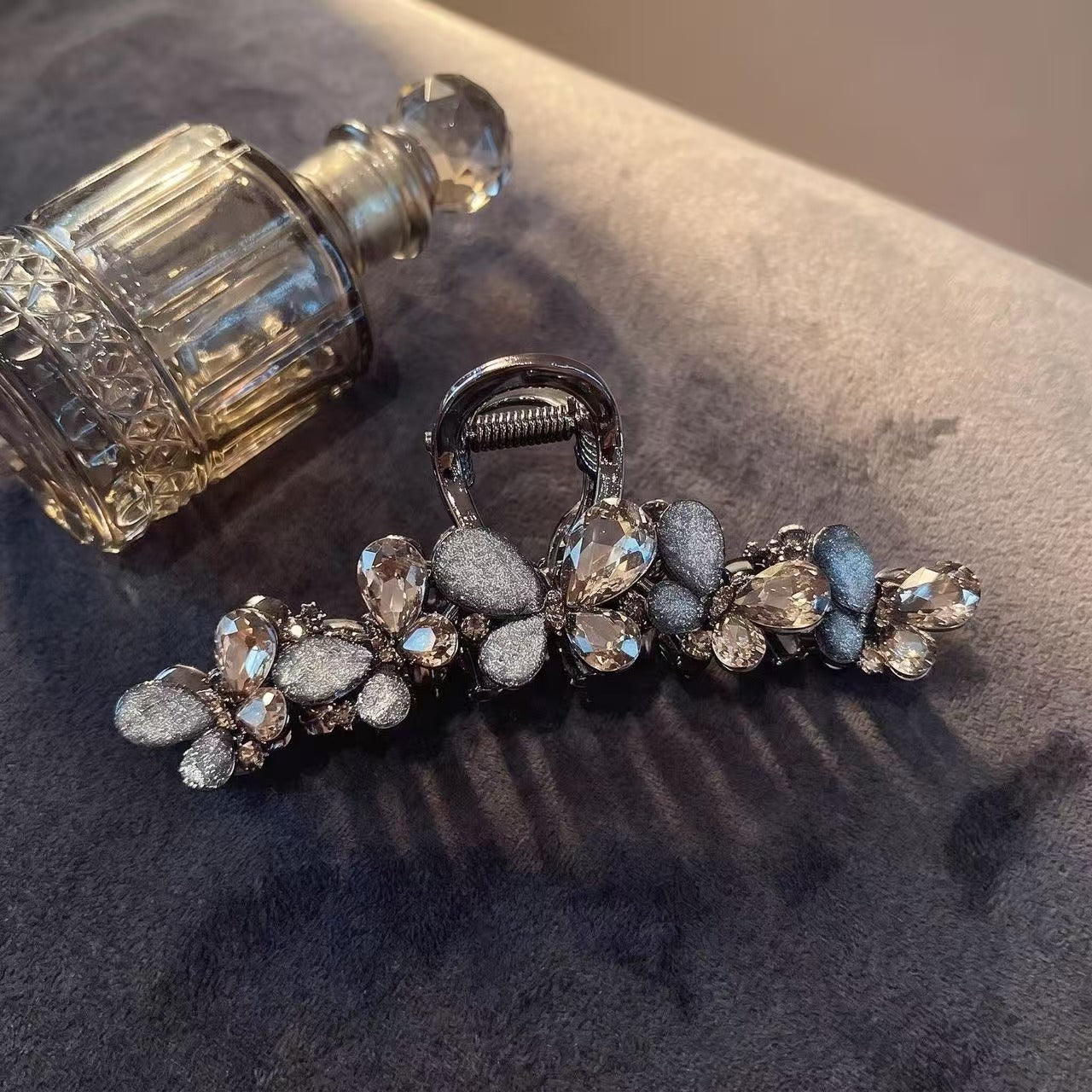 Vintage Dark Rhinestone Fabric Butterfly Hair Claw Clip