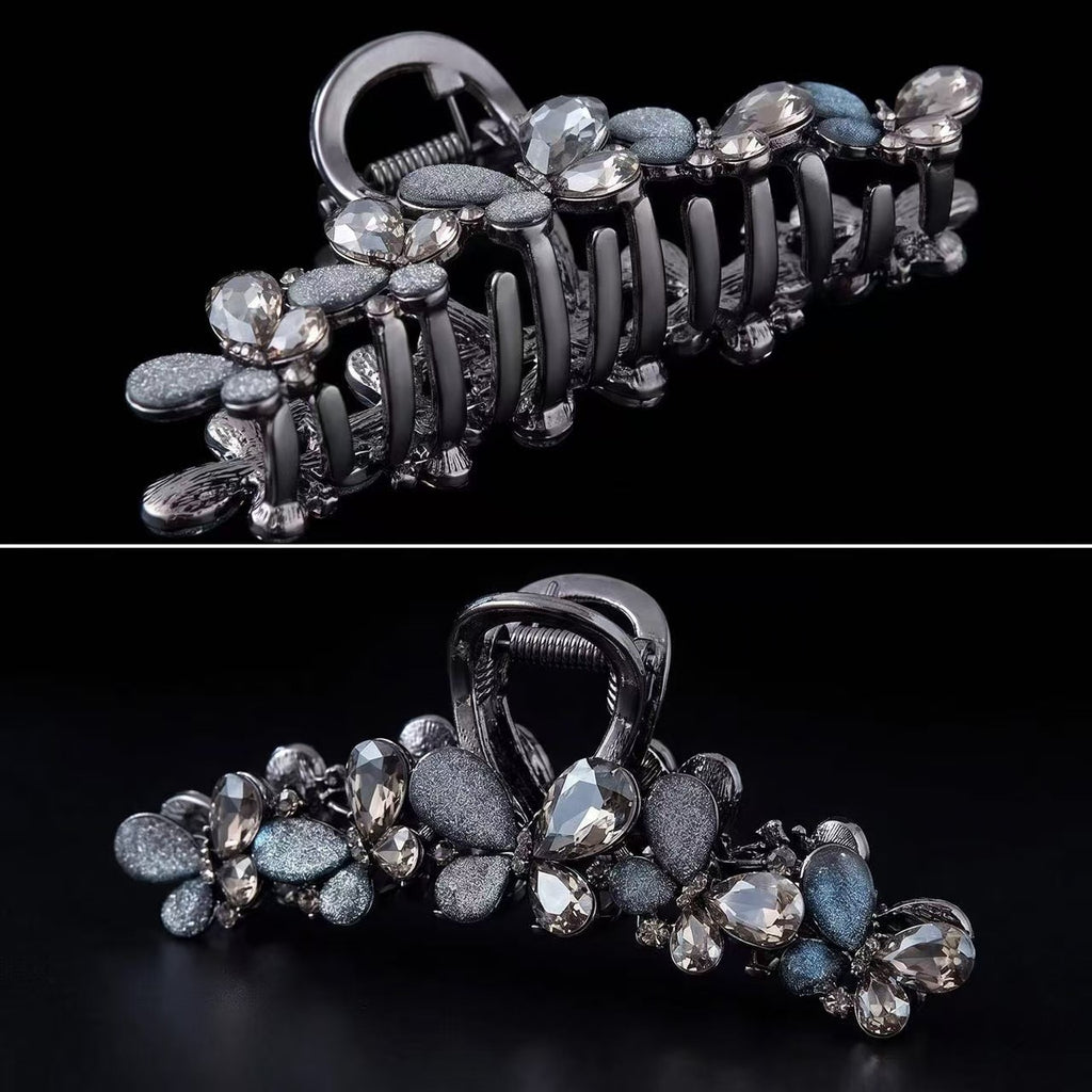 Vintage Dark Rhinestone Fabric Butterfly Hair Claw Clip
