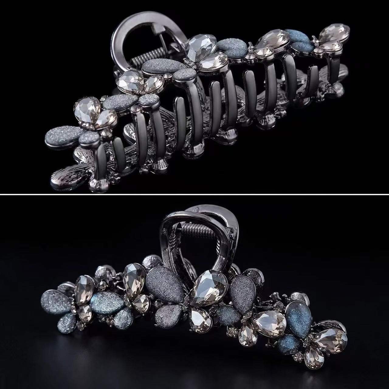 Vintage Dark Rhinestone Fabric Butterfly Hair Claw Clip