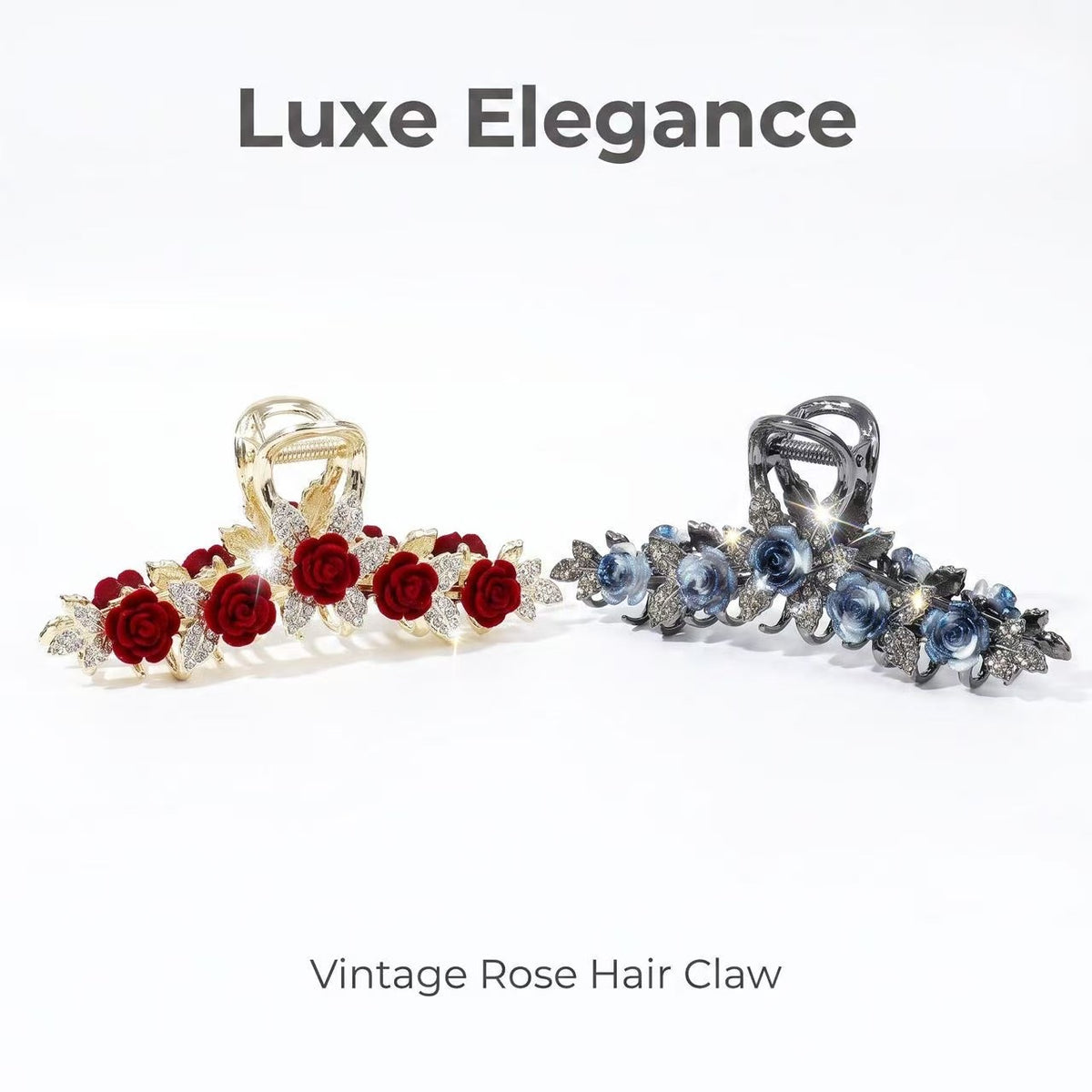 Vintage Rose Rhinestone Metal Hair Claw Clip