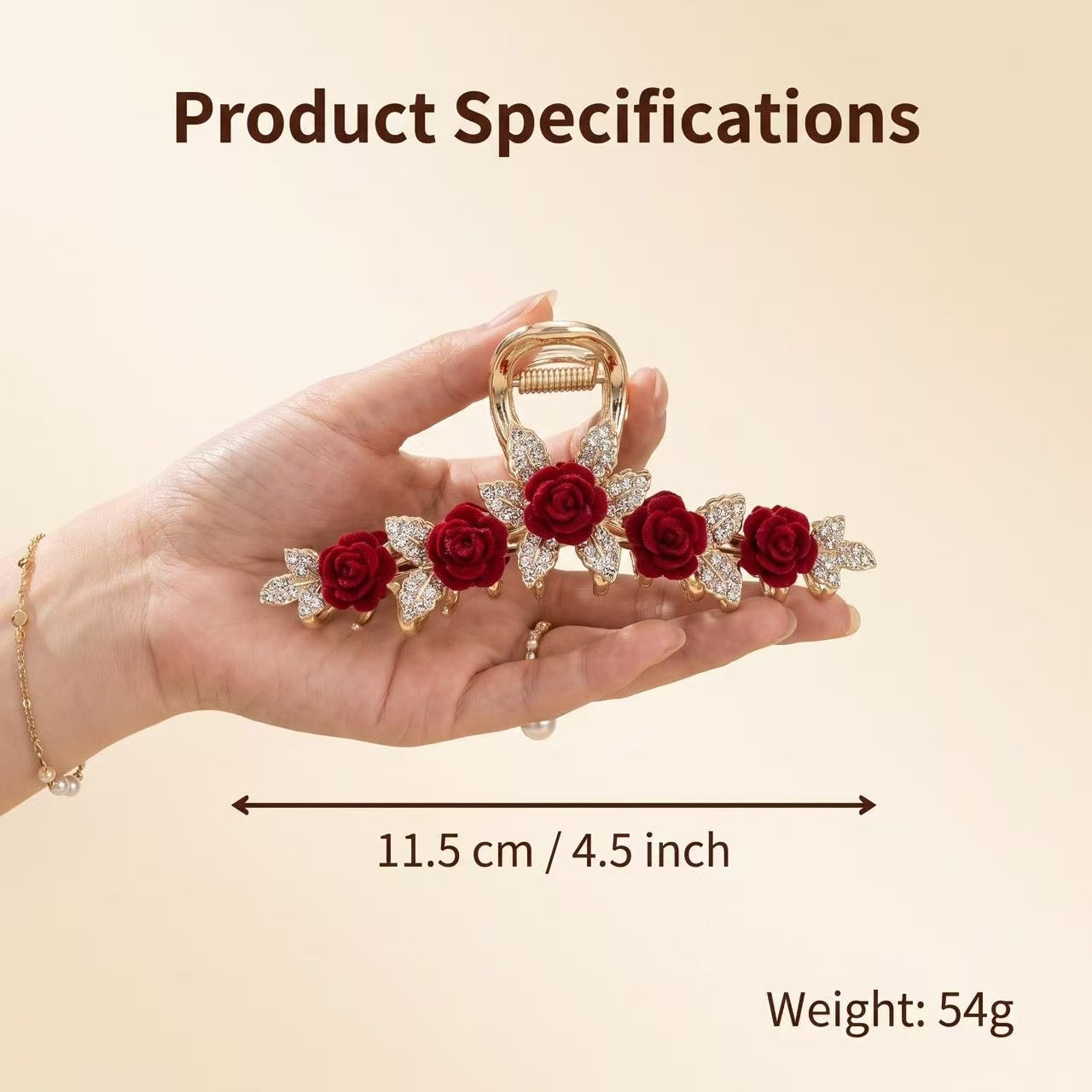 Vintage Rose Rhinestone Metal Hair Claw Clip